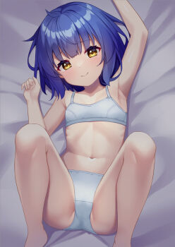 1girl armpits barefoot bed_sheet blue_hair blush bra closed_mouth crotch_seam from_above gochuumon_wa_usagi_desu_ka? highres jouga_maya legs_up loli looking_at_viewer lying navel on_back on_bed panties short_hair smile solo training_bra underwear underwear_only white_bra white_panties win_opz yellow_eyes
