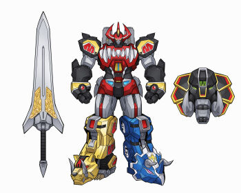absurdres arms_at_sides chinese_commentary clenched_hands commentary_request daizyuzin dino_megazord full_body highres machinery mecha mighty_morphin_power_rangers no_humans onion_maru power_rangers robot science_fiction shield simple_background sitting standing super_robot sword tokusatsu weapon white_background yellow_eyes