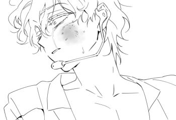 Rule 34 | 1boy, alien stage, beaten, bruise, bruise on face, commentary, crying, earpiece, headset, injury, lineart, lubya, luka (alien stage), male focus, microphone, parted lips, romaji commentary, short hair, solo, tears, tears from one eye