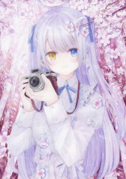 1girl apron blush camera cherry_blossoms closed_mouth colored_pencil_(medium) darkkanan deaf disability earphones eyes_visible_through_hair frilled_apron frills hair_ribbon halo hearing_aid heterochromia highres long_hair long_sleeves looking_at_viewer original outdoors painting_(medium) ribbon shirt solo traditional_media upper_body watercolor_(medium) white_hair white_shirt