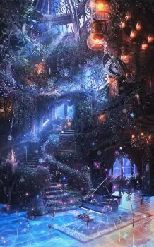 absurdres animal_skull ayaru_(grenadine) broken_window bug butterfly candle candlestand chair clock curtains flower full_moon glowing_butterfly grand_piano grandfather_clock hat hat_feather highres indoors insect instrument lantern light_particles light_rays moon moonlight night no_humans original overgrown pendulum_clock piano piano_bench pirate_hat plant planted planted_sword planted_weapon podium rug scenery signature skull skull_and_crossbones stairs sword torch vaulted_ceiling vines weapon window wooden_floor