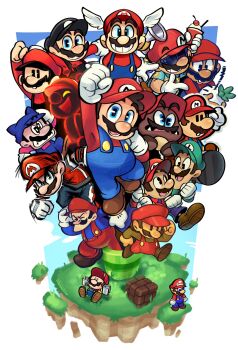 6+boys aqua_eyes aqua_shirt arm_up artist_name black_hair black_hat black_overalls block_(mario) blue_overalls blue_shirt blue_shorts blue_sky brick brown_hair brown_shoes cherry closed_eyes cloud commentary cosmic_clone cross-eyed cup day denim denim_overalls donkey_kong_(1981_game) donkey_kong_(series) dynamo_toon english_commentary facial_hair fangs flying_mario food fruit goomba grass green_hat green_shirt grin hammer hand_on_headwear hat highres holding holding_cup holding_hammer long_sleeves lower_teeth_only luigi mario mario_&amp;_luigi_rpg mario_(series) mario_bros. mario_strikers_(series) mario_vs._donkey_kong mini_mario mismatched_facial_hair multiple_boys multiple_persona mustache nintendo open_mouth outdoors overalls paper_mario paper_mario_(character) pink_shirt print_shirt red_hat red_overalls red_shirt shirt shoes short_hair short_sleeves shorts signature sky smile super_mario_64 super_mario_bros._1 super_mario_bros._2 super_mario_bros._3 super_mario_galaxy super_mario_galaxy_2 super_mario_odyssey super_mario_rpg super_mario_strikers super_mario_sunshine teeth turnip_(mario) v-shaped_eyebrows warp_pipe wing_cap wing_mario winged_hat