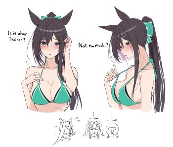 Rule 34 | 1boy, 2girls, absurdres, agnes digital (umamusume), animal ears, aqua bow, bare shoulders, bikini, blush, bow, breasts, cleavage, closed eyes, closed mouth, collarbone, english text, green bikini, hair between eyes, hair bow, hair ornament, hairclip, halo, highres, horse ears, horse girl, kimchi (user mpzz8457), large breasts, long hair, mejiro dober (umamusume), multiple girls, parted lips, ponytail, purple eyes, saliva, simple background, solo focus, swimsuit, t-head trainer (umamusume), trainer (umamusume), umamusume, white background