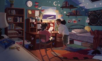 1boy 1girl absurdres analog_clock bandaid barefoot bed bedroom bent_over bird black_hair black_shorts blood blood_on_face book bookshelf box bulletin_board calendar_(object) cardboard_box chair clock crescent_moon crossed_legs dark-skinned_female dark_skin desk desk_lamp dreadlocks forced_perspective frog fruiitlins full_body heart highres holding holding_paper holding_stuffed_toy indoors lamp moon night on_chair original paper plant poster_(object) potted_plant red_shirt rug shirt shorts sitting standing star_(symbol) stuffed_animal stuffed_toy sweater talking trash_can unworn_clothes white_sweater wooden_floor