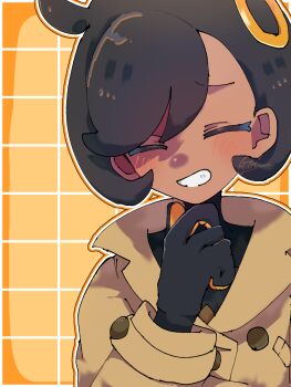 1girl black_gloves black_hair brown_jacket closed_eyes commentary_request emma_(pokemon) gloves grin hand_up happy highres hirune_12_29_seizinn jacket light_blush long_sleeves nintendo pokemon pokemon_legends:_z-a raised_inner_eyebrows ring_hair_ornament short_hair signature smile solo teeth textless_version upper_body