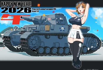 1girl 2026 absurdres adapted_costume armpits arms_behind_head arti black_boots black_thighhighs blue_shirt blue_sky boots breasts brown_eyes brown_hair confetti cropped_legs cropped_shirt dated day emblem english_text eyewear_on_head girls_und_panzer happy_new_year highres japanese_tankery_league_(emblem) knee_boots letterboxed looking_at_viewer medium_breasts microskirt military_vehicle motor_vehicle new_year nishizumi_miho omura_zojiki ooarai_(emblem) ooarai_military_uniform open_mouth outdoors panzer_iv print_thighhighs shirt short_hair signature skirt sky smile solo standing sunglasses sweatdrop tank thighhighs white_skirt zipper