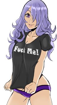 breasts camilla_(fire_emblem) cleavage clothes_writing fire_emblem fire_emblem_fates gluteal_fold hair_over_one_eye highres large_breasts long_hair looking_at_viewer nintendo panties purple_eyes purple_hair shirt t-shirt teevo underwear wavy_hair
