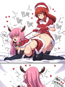 1futa 1girl :d absurdres all_fours antlers ass bare_back belt black_belt black_gloves black_thighhighs bocchi_the_rock! bow bowtie breasts breasts_out capelet christmas cube_hair_ornament dress elbow_gloves fake_antlers fur-trimmed_capelet fur-trimmed_dress fur-trimmed_headwear fur-trimmed_skirt fur-trimmed_sleeves fur_trim futa_with_female futanari gloves gotoh_hitori hair_between_eyes hair_ornament hanging_breasts hat highres hinghoi horns implied_futanari kita_ikuyo large_breasts long_hair looking_at_viewer multicolored_bow multicolored_bowtie nipples no_bra no_panties open_mouth out-of-frame_censoring outstretched_arm pink_hair plap pom_pom_(clothes) red_capelet red_hair red_headwear red_skirt santa_costume santa_hat selfie sex short_sleeves sidelocks skirt smile sweat thighhighs thighs yellow_eyes zettai_ryouiki
