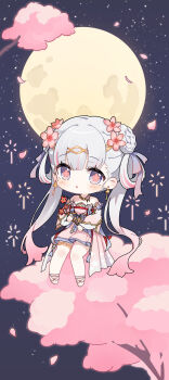 1girl absurdres aerial_fireworks blush cherry_blossoms chibi chibi_only colored_tips commentary dress earrings fireworks flower flower-shaped_pupils full_moon hair_flower hair_ornament hair_ribbon highres in_tree jewelry jinhsi_(peach_blossom)_(wuthering_waves) jinhsi_(wuthering_waves) koy_(4767269) looking_at_viewer low_twintails moon multicolored_hair night official_alternate_costume pink_dress pink_flower pink_hair pink_petals pink_pupils pink_ribbon ribbon sitting sitting_in_tree solo symbol-shaped_pupils tree twintails two_side_up white_eyes white_hair wuthering_waves