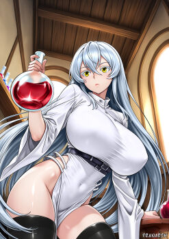 1girl artist_name belt black_thighhighs breasts closed_mouth commentary covered_navel dress english_commentary expressionless flask franarok grey_hair groin hair_between_eyes highres large_breasts long_hair looking_at_object original potion round-bottom_flask shelf solo thick_eyelashes thighhighs very_long_hair white_dress