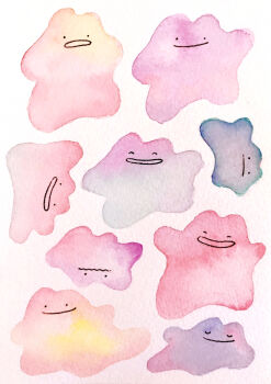 closed_eyes commentary ditto gen_1_pokemon multiple_views nintendo no_humans open_mouth painting_(medium) pokemon pokemon_(creature) simple_background traditional_media watercolor_(medium) wavy_mouth white_background yukichi_0611