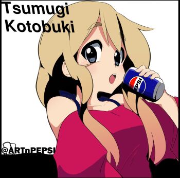 Rule 34 | 1girl, artnpepsi, blonde hair, breasts, can, character name, drink can, grey eyes, highres, holding, holding can, k-on!, kotobuki tsumugi, long hair, music, off-shoulder shirt, off shoulder, open mouth, pepsi, red shirt, shirt, singing, soda can, thick eyebrows, twitter username, white background
