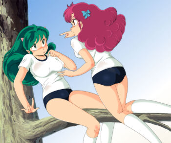 1980s_(style) 2girls anime_coloring annoyed branch buruma cone_horns eyeshadow green_eyes green_hair gym_uniform horns in_tree kneehighs lum makeup multiple_girls mushimaru oldschool ran_(urusei_yatsura) red_hair retro_artstyle sitting sitting_in_tree small_horns socks striped_horns tears tree urusei_yatsura white_legwear