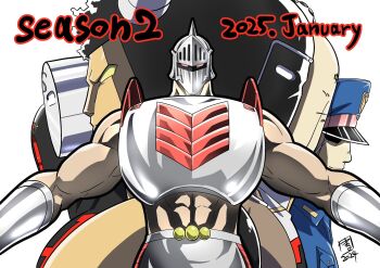 Rule 34 | 2024, 2025, 6+boys, abs, arm up, armor, biceps, black hole (kinnikuman), brocken jr., buffaloman, dared, dated, english text, grin, hat, helmet, highres, horns, kinnikuman, looking at viewer, manly, marufuji hirotaka, mask, military hat, military uniform, multiple boys, muscular, official art, pectorals, ramenman, robin mask, shaded face, smile, springman (kinnikuman), standing, upper body, warsman, white background, wrestling, wrestling mask, wrestling outfit