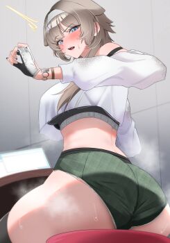 1girl absurdres ass bare_shoulders black_gloves black_nails black_sports_bra black_thighhighs blue_eyes blush breasts commentary_request crop_top cropped_shirt fingerless_gloves from_behind from_below gloves goddess_of_victory:_nikke green_shorts grey_hair hair_between_eyes hair_ears headband highres indoors large_breasts long_sleeves looking_at_viewer micro_shorts midriff multicolored_gloves off-shoulder_shirt off_shoulder on_stool open_mouth prika_(nikke) shirt short_hair_with_long_locks shorts sidelocks sitting skindentation solo sports_bra stool suga_kiiha sweat teeth thighhighs two-tone_gloves upper_teeth_only white_gloves white_headband white_shirt