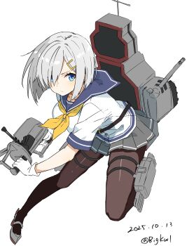 1girl absurdres anti-aircraft anti-aircraft_gun bigkwl black_pantyhose blue_eyes blue_sailor_collar breasts dated full_body gloves grey_hair grey_skirt hair_ornament hair_over_one_eye hairclip hamakaze_(kancolle) highres kantai_collection large_breasts looking_at_viewer machinery neckerchief pantyhose rigging sailor_collar school_uniform serafuku ship_turret short_hair simple_background skirt smokestack solo torpedo torpedo_tubes twitter_username white_background white_gloves yellow_neckerchief