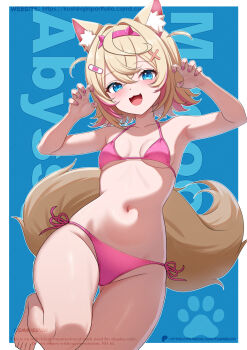 1girl :3 alternate_costume animal_ear_fluff animal_ears armpits bandaid bandaid_hair_ornament bikini blonde_hair blue_background blue_eyes blush border breasts commentary commission cowboy_shot crossed_bangs dog_ears dog_girl dog_tail fake_horns fangs fingernails groin hair_ornament hairband highres hololive hololive_english horn_hairband horns kushiro_jin leg_up looking_at_viewer mococo_abyssgard multicolored_hair navel open_mouth outside_border patreon_username paw_pose pink_bikini pink_hair pink_nails short_hair side-tie_bikini_bottom small_breasts smile solo stomach streaked_hair swimsuit tail two_side_up virtual_youtuber watermark white_border x_hair_ornament