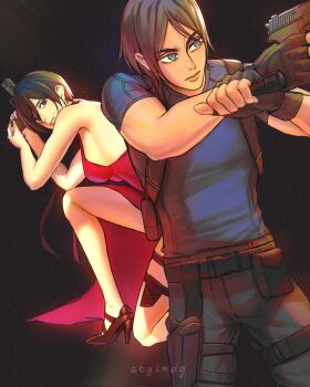 1boy 1girl abglmdg ada_wong ada_wong_(cosplay) artist_name bare_arms bare_shoulders black_background black_hair black_pants black_shoes blue_shirt breasts brown_hair cosplay cowboy_shot dress eren_yeager facial_scar fingerless_gloves flashlight gloves gun hair_between_eyes handgun high_heels highres holding holding_flashlight holding_gun holding_weapon holster leon_s._kennedy leon_s._kennedy_(cosplay) long_dress medium_breasts mikasa_ackerman on_one_knee pants parted_bangs red_dress scar scar_on_cheek scar_on_face shingeki_no_kyojin shirt shoes short_hair side_slit sideboob thigh_holster weapon