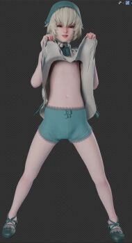 3d artist_request bloomers blue_eyes checkered_background clothes_lift flashing flat_chest headdress highres lifting_own_clothes loli navel nier nier_(series) shirt_lift shoes short_hair skirt skirt_lift stomach underwear white_hair yonah