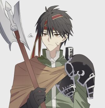 Rule 34 | 1boy, armor, black hair, brown eyes, closed mouth, commentary request, frown, geis (ys), george man, hair between eyes, highres, holding, holding weapon, male focus, pauldrons, scar, scar on face, short hair, shoulder armor, simple background, single pauldron, solo, squiggle, standing, sweat, unamused, weapon, white background, ys, ys vi: the ark of napishtim