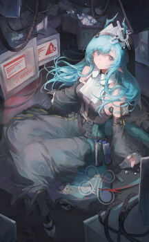 1girl absurdres arknights arknights:_endfield bare_shoulders black_dress blue_hair commentary_request demon_girl demon_horns detached_sleeves dress highres horns long_hair looking_at_viewer mumu_millhayes nun nun_headdress pointy_ears sleeveless sleeveless_dress solo xaihi_(arknights)