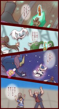 Rule 34 | 3boys, 4girls, arms up, badge, badge (pokemon), baseball cap, black boots, black hair, black hat, black jacket, black necktie, black pants, boots, brown hair, brown jacket, brown shirt, cape, claw pose, clay (pokemon), collared shirt, commentary request, cowboy hat, crystal, dark-skinned female, dark skin, double bun, elio (pokemon), flying, gen 5 pokemon, gen 6 pokemon, gen 7 pokemon, glowing, greninja, grey hair, hair bun, hat, highres, hilda (pokemon), hinono rache, jacket, jet badge, jewelry, long hair, meowstic, meowstic (female), multiple boys, multiple girls, nanu (pokemon), necklace, necktie, nintendo, olympia (pokemon), on head, open clothes, open jacket, outstretched arm, pants, pokemon, pokemon (creature), pokemon bw, pokemon bw2, pokemon on head, pokemon sm, pokemon xy, purple hair, quake badge, red hair, red shirt, rosa (pokemon), rowlet, serperior, shirt, short hair, short sleeves, skyla (pokemon), star (sky), striped clothes, striped shirt, swanna, t-shirt, translation request, twintails, white hat, z-move trainer pose