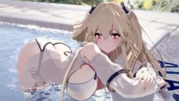 3d absurdres anchorage_(azur_lane) azur_lane bikini breasts brown_eyes detached_sleeves hanging_breasts highres in_water lace large_breasts light_brown_hair looking_at_viewer pool side-tie_bikini_bottom solar_kaichuudentou solarhandlight swimsuit water