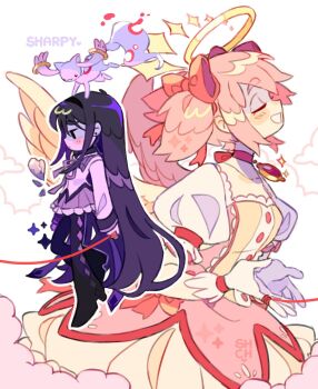 2girls above_clouds akemi_homura akemi_homura_(magical_girl) argyle_clothes argyle_pantyhose artist_name back-to-back black_eyes black_hair black_hairband black_pantyhose blush bow broken_heart bubble_skirt choker closed_eyes cloud dress frown gloves hair_bow hairband halo heart highres hole_on_body kaname_madoka kaname_madoka_(magical_girl) kyubey layered_skirt long_hair long_sleeves magical_girl mahou_shoujo_madoka_magica multiple_girls multiple_monochrome open_mouth outline pantyhose pink_bow pink_choker pink_clouds pink_dress pink_hair profile puffy_short_sleeves puffy_sleeves purple_bow purple_hair purple_shirt purple_skirt sharpycharot shirt short_hair short_sleeves short_twintails skirt sky smile soul_gem string string_of_fate twintails white_background white_outline white_sky yellow_halo