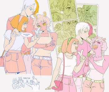 1boy 2girls antennae ashido_mina bag bare_shoulders belt blue_belt boku_no_hero_academia breasts brown_hair closed_eyes colored_sclera colored_skin cow crossed_arms english_text green_belt green_eyes green_hair hair_between_eyes hairband highres holding holding_photo laughing medium_breasts melonbite multicolored_hair multiple_girls multiple_views open_mouth orange_sclera pants photo_(object) photo_booth pink_hair pink_hairband pink_skin pink_skirt red_hair red_pants red_skirt selfie shirt short_hair short_sleeves shoulder_bag skirt sleeveless sleeveless_shirt smile todoroki_shoto two-tone_hair uraraka_ochako white_hair white_shirt yellow_shirt