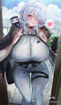 1girl animal animal_on_shoulder artist_logo artist_name black_choker black_corset black_jacket blue_eyes blue_sky blush breasts brid_(nikke) brid_(silent_track)_(nikke) button_gap chest_harness choker cleavage closed_mouth cloud collarbone collared_shirt commentary corset cup day doorway doro_(nikke) english_commentary gloves goddess_of_victory:_nikke grey_hair hair_between_eyes hair_down hair_over_one_eye hamster harness heart highres holding holding_cup jacket jacket_on_shoulders large_breasts light_particles logo long_hair looking_at_viewer mixed-language_commentary nightsliice257 official_alternate_costume official_alternate_hairstyle outdoors pants pov_doorway shadow shirt sideboob sideless_shirt sidelocks skindentation sky sleeveless smile soline_(nikke) solo spoken_heart standing tight_clothes tight_pants white_pants white_shirt