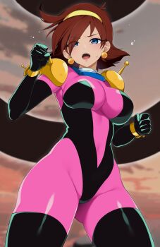 1girl black_bodysuit blue_eyes bodysuit breasts brown_hair campbell_xx clenched_hands commentary_request covered_navel cowboy_shot earrings eyes_visible_through_hair from_below g_gundam gluteal_fold gundam hair_over_one_eye hairband hand_up highres impossible_bodysuit impossible_clothes jewelry large_breasts looking_at_viewer mecha_pilot_suit mobile_trace_suit multicolored_bodysuit open_mouth pink_bodysuit rain_mikamura short_hair skin_tight solo sphere_earrings standing sweat teeth tongue two-tone_bodysuit upper_teeth_only v-shaped_eyebrows yellow_hairband
