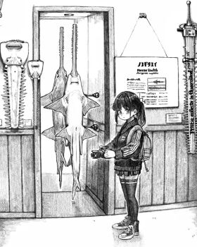1girl backpack bag camera closed_mouth commentary_request display graphite_(medium) greyscale highres hiroya_(hirogaya_02) holding holding_camera indoors jacket long_hair long_sleeves looking_at_viewer looking_to_the_side miniskirt mirror monochrome museum original pleated_skirt ponytail saw sawfish shoes sign skirt sneakers solo standing sword thighhighs traditional_media weapon wide_shot