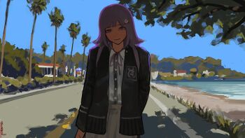 1girl arm_at_side arm_behind_back beach black_cardigan blue_sky cardigan commentary_request danganronpa_(series) danganronpa_2:_goodbye_despair danganronpa_2x2 day grey_skirt hair_ornament half-closed_eyes hasyage head_tilt highres long_sleeves looking_at_viewer medium_hair nanami_chiaki neck_ribbon outdoors palm_tree purple_eyes purple_hair ribbon road shade shirt shirt_tucked_in skirt sky smile solo standing town tree white_shirt