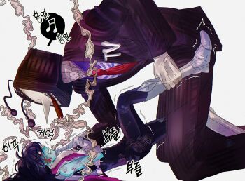 1boy 1other ant_tenna armor black_bodysuit black_hair black_jacket black_pants blood blood_on_face blue_skin bodysuit boy_on_top cigar clenched_teeth clothed_robot collared_shirt colored_skin crt defernull deltarune grabbing_another&#039;s_leg highres humanoid_robot jacket korean_commentary kris_(dark_world)_(deltarune) kris_(deltarune) long_nose looking_at_another musical_note necktie object_head other_with_male pants pointy_nose radio_antenna red_necktie robot shirt short_hair simple_background smoke smoke_trail smoking spoken_musical_note teeth utdr_(toby_fox) white_background yp_katelove