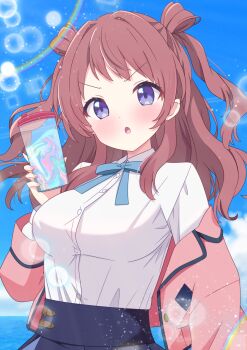 1girl :o blue_ribbon blue_skirt bottle breasts brown_hair commentary_request gakuen_idolmaster hanami_saki hatsuboshi_gakuen_school_uniform highres hiiragisensei holding holding_bottle idolmaster jacket jacket_partially_removed long_hair looking_at_viewer medium_breasts neck_ribbon pink_jacket rainbow ribbon school_uniform shirt shirt_tucked_in skirt solo super_stamina_drink_(gakuen_idolmaster) two_side_up upper_body v-shaped_eyebrows white_shirt