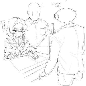 1girl 2boys blue_archive image_sample japanese_text monochrome multiple_boys rkgk_ojisan school_uniform sensei_(blue_archive) serafuku shirt twitter_sample ui_(blue_archive) white_background white_shirt