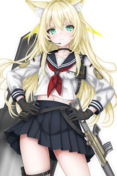 &gt;:( 1girl animal_ear_fluff animal_ears ballistic_shield bandaid bandaid_on_stomach black_choker black_gloves black_sailor_collar black_skirt blonde_hair blue_archive choker closed_mouth collarbone commentary_request cowboy_shot eyelashes floating_hair fox_ears fox_girl frown gloves green_eyes gun hands_on_own_hips highres kurumi_(blue_archive) long_hair long_sleeves looking_at_viewer midriff miniskirt navel neckerchief partial_commentary pleated_skirt red_neckerchief sailor_collar sailor_shirt school_uniform serafuku shield shirt sidelocks simple_background skirt solo sturm_(arowana_kingyo) tactical_school_uniform thigh_strap thighs two_side_up v-shaped_eyebrows very_long_hair weapon white_background white_shirt