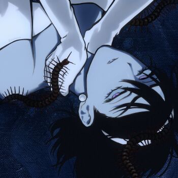 1girl album_cover_redraw alien_stage besitosmp4 black_hair blue_background bug centipede commentary derivative_work earrings english_commentary gloves hairband hands_on_own_neck highres jewelry parted_lips pearl_earrings purple_eyes short_hair solo sua_(alien_stage) white_gloves white_hairband