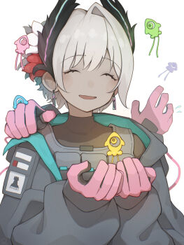 1girl arknights black_gloves closed_eyes commentary_request dark-skinned_female dark_skin extra_arms gloves grey_hair hair_ornament head_wings highres jacket pink_gloves pon2023 raidian_(arknights) short_hair simple_background smile solo white_background wings