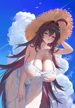 1girl absurdres ahoge arm_up armpits bare_shoulders bent_over blue_sky blush breasts brown_hair cleavage cloud commentary commission covered_erect_nipples covered_navel dress hair_between_eyes hanging_breasts hat highres huge_breasts large_areolae long_hair looking_at_viewer navel nipples original purple_hair rame_tree_(heuksaek) red_eyes revision see-through_clothes seoki_(hi3031) sky sleeveless sleeveless_dress solo straw_hat symbol-only_commentary very_long_hair wet wet_clothes