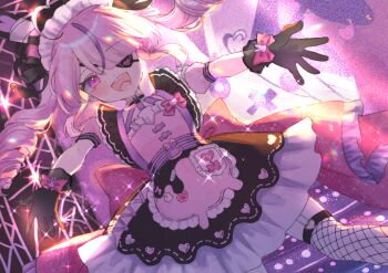 1girl :d ahoge black_gloves blush dot_nose dress eyepatch fishnet_thighhighs fishnets garter_straps gloves heart heart_ahoge looking_at_viewer maid maid_headdress maria_marionette maria_marionette_(maid) multicolored_hair nenegi_(nenegi0803) nijisanji nijisanji_en open_mouth outstretched_arms pink_eyes pink_hair smile solo sparkle stage streaked_hair thighhighs virtual_youtuber