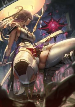 1girl abs absurdres bodysuit breasts cloud cloudy_sky commentary_request goddess_of_victory:_nikke grey_bodysuit grey_hair hat highres holding holding_sword holding_weapon ie_(pixiv_101298631) jingasa large_breasts long_hair mole mole_on_thigh night outdoors rain rapture_(nikke) scarlet_(nikke) sky squatting sword thick_thighs thighs toned toned_female weapon
