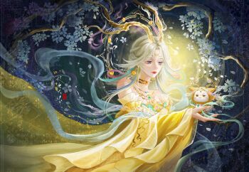 Rule 34 | 1girl, :3, absurdres, animal, antlers, bare shoulders, blue background, blue eyes, blue flower, blue gem, branch, brown eyes, cat, chinese clothes, chinese commentary, choker, chroma's mortal heart (infinity nikki), circlet, cloak, closed mouth, clothed animal, collarbone, colored eyelashes, commentary request, commission, cowboy shot, deer antlers, detached sleeves, dress, ear covers, earrings, expressionless, facial mark, flower, forehead mark, gem, gold choker, gold circlet, gold earrings, gold necklace, gradient eyes, hagoromo, highres, hitodama, holding, holding animal, holding cat, hood, hood up, hooded cloak, horns, infinity nikki, jewelry, lipstick, long hair, long sleeves, looking at animal, makeup, momo (nikki), multicolored eyes, necklace, nikki (series), official alternate costume, purple eyes, red lips, sample watermark, shawl, signature, strapless, strapless dress, sun, too many watermarks, very long hair, watermark, whiskers, white cat, white hair, wide sleeves, yellow 4, yellow cloak, yellow dress, yellow horns, yellow sleeves, zhuoguidaxia