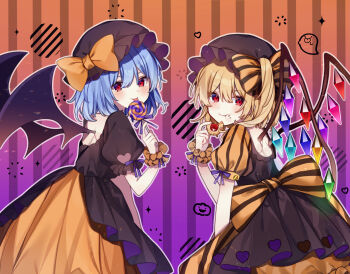 2girls :q alternate_costume back_bow back_cutout bat_wings black_dress black_hat blonde_hair blue_hair blush bow candy clothing_cutout commentary_request cookie crystal dress eating flandre_scarlet food food_in_mouth food_on_face ghost gradient_background hair_between_eyes halloween halloween_costume hat hat_bow hat_ribbon heart highres holding holding_candy holding_food licking licking_food lollipop looking_at_viewer looking_back mob_cap multicolored_wings multiple_girls one_side_up orange_bow puffy_short_sleeves puffy_sleeves red_eyes remilia_scarlet ribbon short_hair short_sleeves siblings side_ponytail sisters standing striped_background striped_bow swirl_lollipop tongue tongue_out touhou upper_body wings wrist_cuffs yurui_tuhu