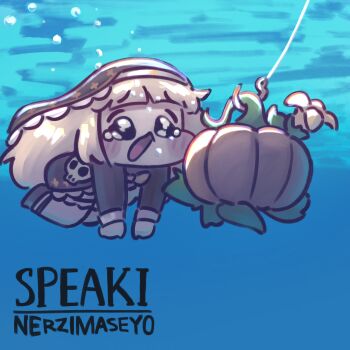 1girl album_cover_redraw black_coif black_dress black_eyes blonde_hair blush chibi chibi_only commentary_request derivative_work dress fish_hook fishing_line full_body goranears highres korean_commentary long_hair meme nevermind nirvana_(band) open_mouth pumpkin skull solo speaki_(trickcal) speakiposting_(meme) swimming tearing_up trickcal underwater