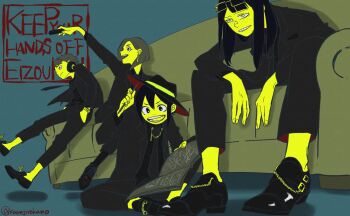 333111188833 4girls asakusa_midori black_hair commentary copyright_name couch doumeki_parker eizouken_ni_wa_te_wo_dasu_na! eyewear_on_head freckles hat highres kanamori_sayaka long_hair mizusaki_tsubame multiple_girls necktie on_couch twitter_username