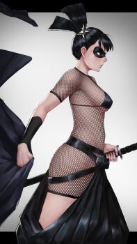1girl absurdres belt bikini black_bikini black_hair black_mask bluecup blush bodystocking cowboy_shot fishnet_bodystocking fishnets from_side highres holding holding_sword holding_weapon long_hair one-punch_man profile shadow_ring_(one-punch_man) solo swimsuit sword weapon