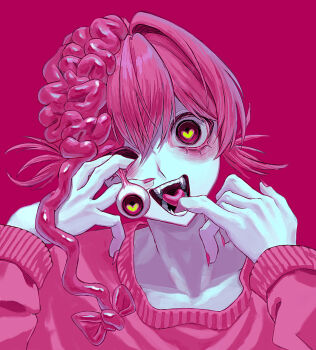 1girl brain chainsaw_man cosmo_(chainsaw_man) dangling_eye exposed_brain fangs heart heart-shaped_pupils highres looking_at_viewer open_mouth pink_background pink_eyes pink_hair pink_nails pink_sweater solo sweater symbol-shaped_pupils tongue user_pkkt8427