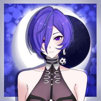 1girl bare_shoulders black_leotard border breasts chinese_commentary commentary_request crescent_moon earrings fu_ai_er_sama grey_border highres jewelry large_breasts leotard looking_at_viewer moon night promeia_(zenless_zone_zero) purple_eyes purple_hair smile solo upper_body zenless_zone_zero