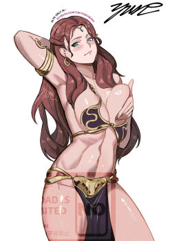 1girl arm_behind_head armlet armpits bare_arms bikini blush breast_press breasts brown_hair cleavage collarbone commentary cosplay covering_breasts covering_privates dorothea_arnault earrings embarrassed english_commentary fire_emblem fire_emblem:_three_houses fire_emblem_warriors:_three_hopes green_eyes hand_on_own_head highres jewelry large_breasts long_hair looking_at_viewer navel nintendo official_alternate_hairstyle one_breast_out patreon_username princess_leia princess_leia_(cosplay) signature simple_background solo standing star_wars stomach swimsuit thick_thighs thighs yusi_vishnu